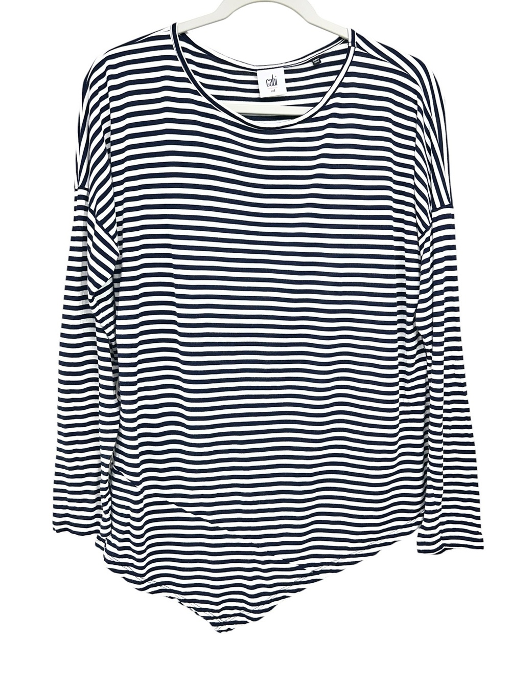 Cabi Boat Stripe Tee Style #5064 Relaxed Fit Drop Shoulders Asymmetric Hemline